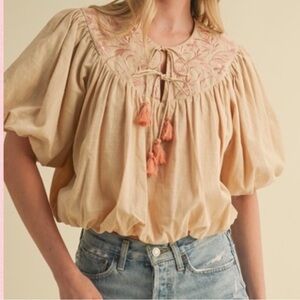 &merci Embroidered Beige Blouse with Pink Accents M